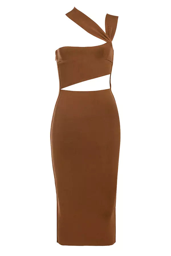 A brown dress with a cut out in the middle.