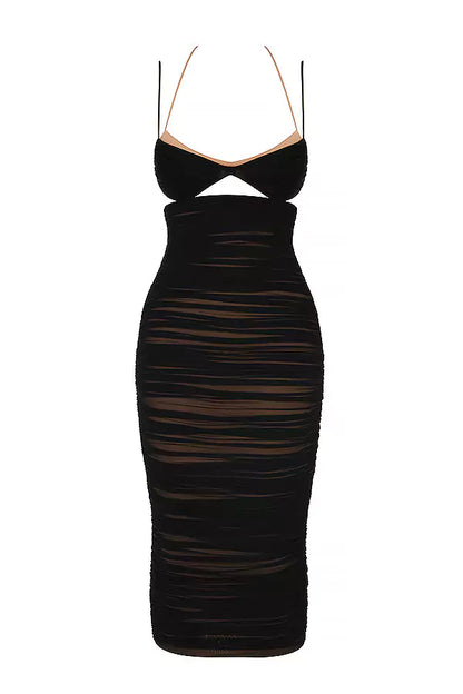 A black dress with two straps and a halter neck.