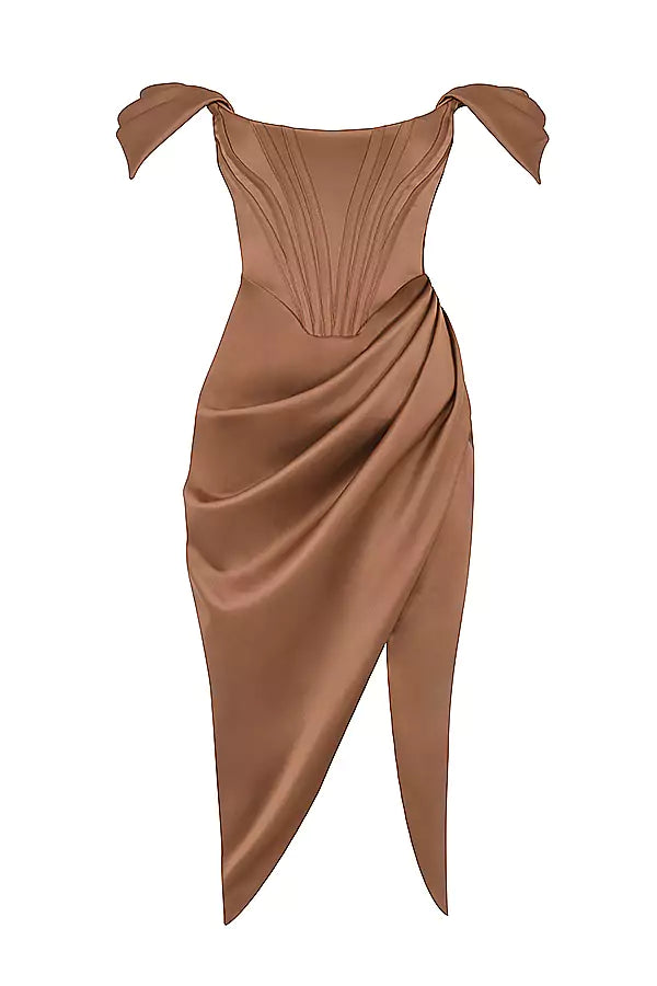 A brown dress with an asymmetric hem.