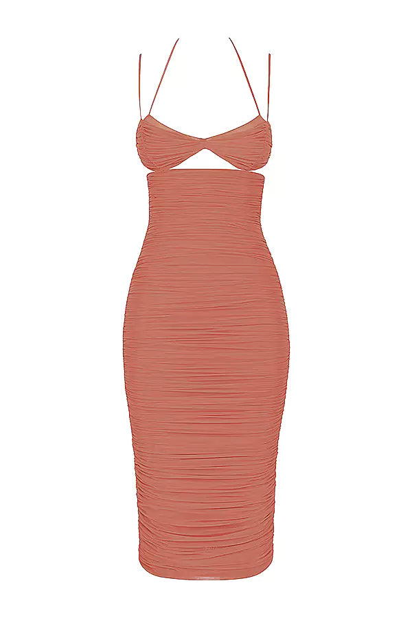 A coral ruched midi dress on a mannequin.