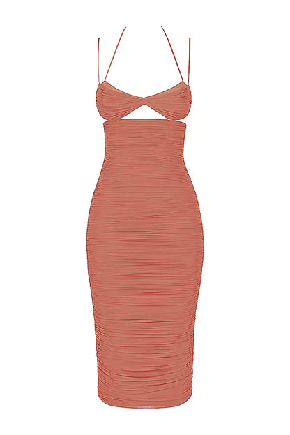 A coral ruched midi dress on a mannequin.