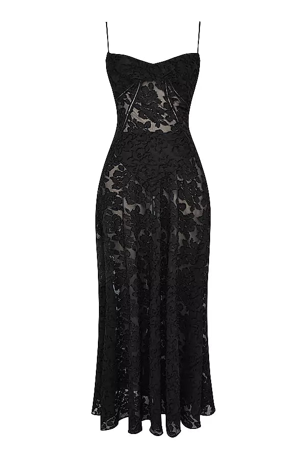 A black lace dress on a mannequin.