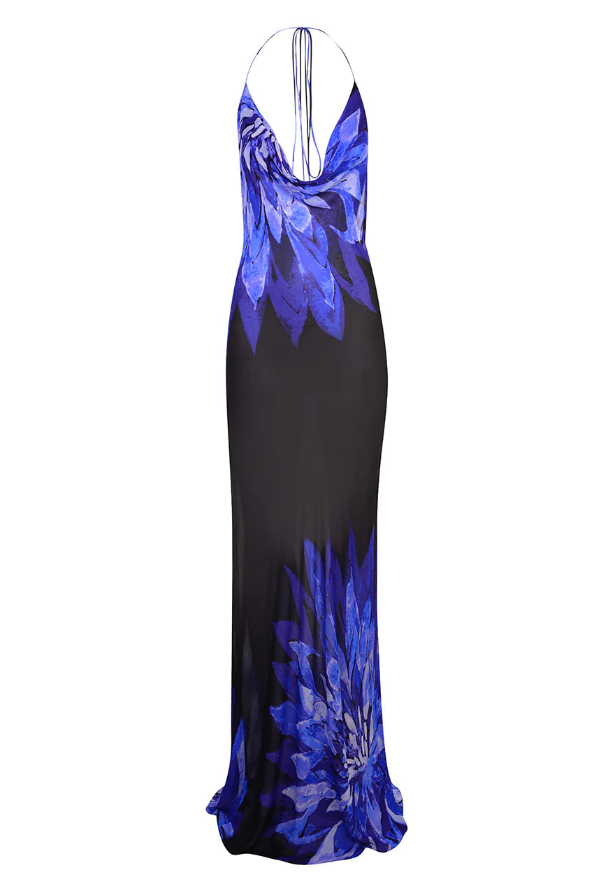 A blue and black floral maxi dress with a boho-chic halter neck.