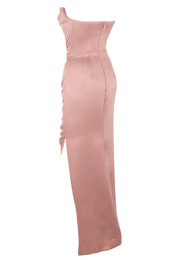 The back view of a pink satin midi dress.