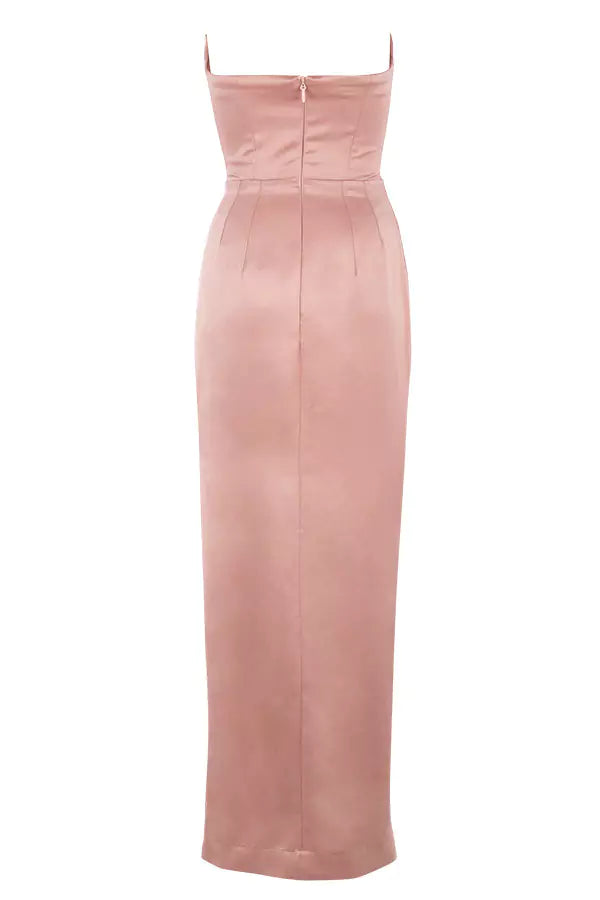 The back view of a pink satin midi dress.