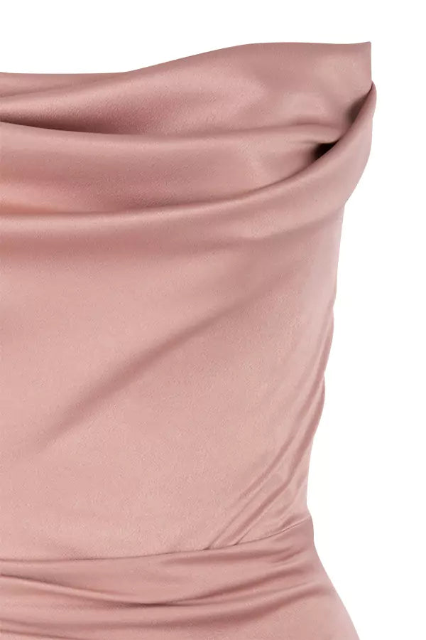 A pink satin dress on a white background.