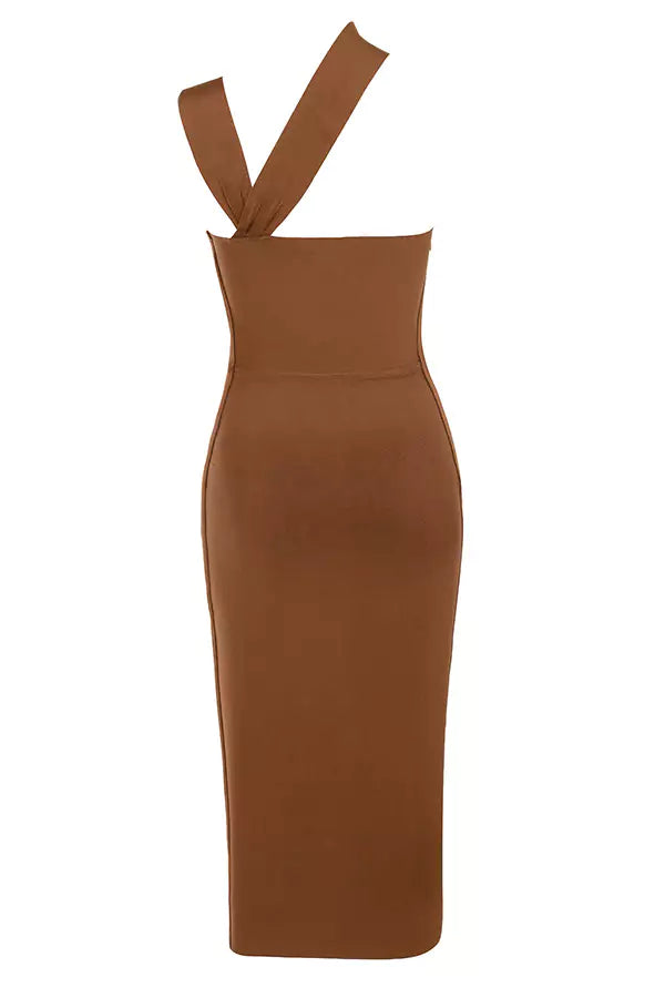 The back view of a brown bandage dress.