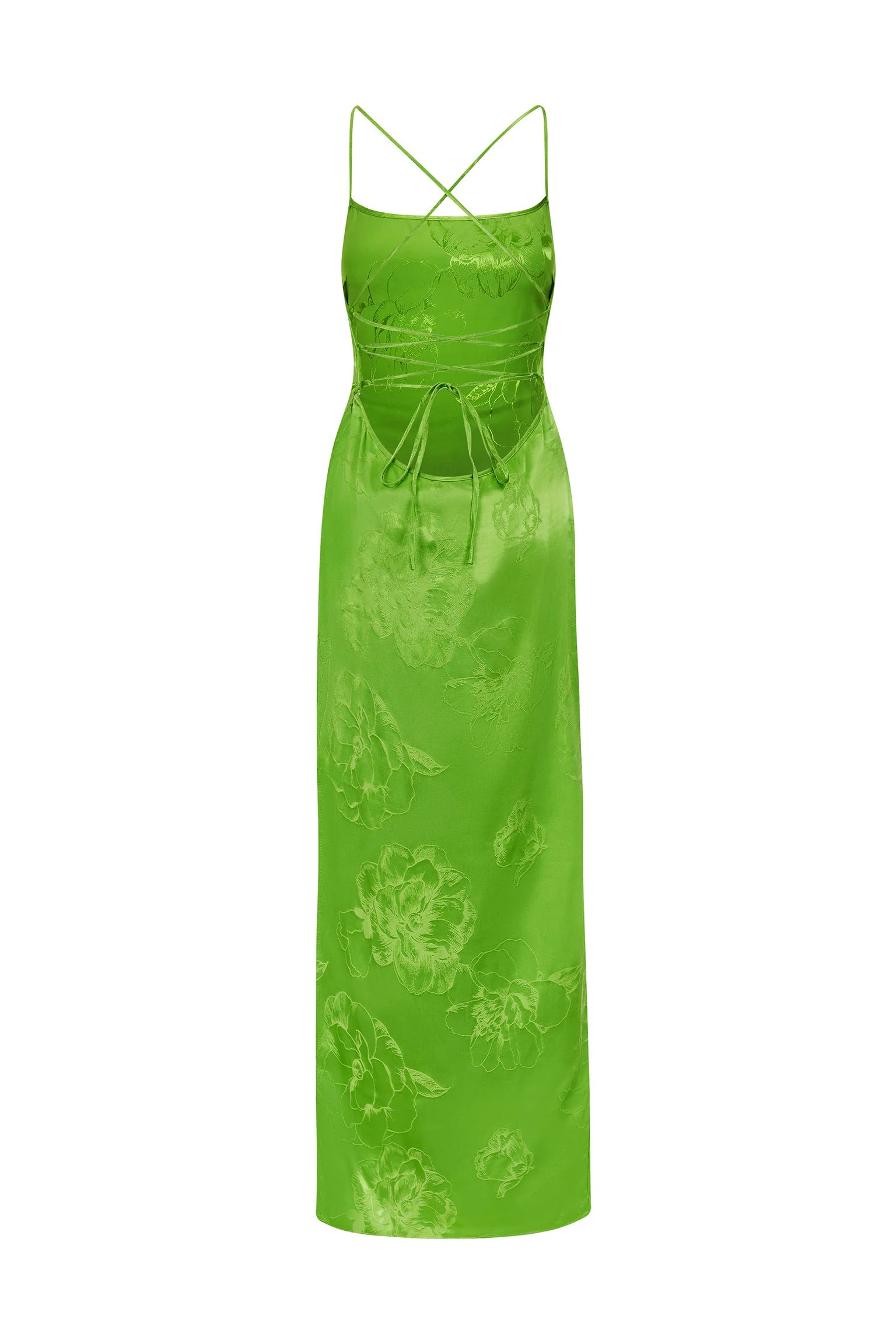 A green silk dress with a floral pattern.