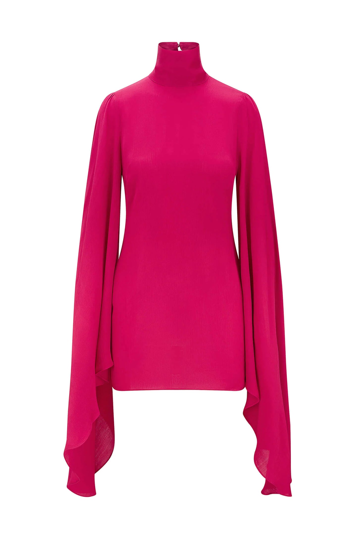 A fuchsia top with a long sleeve and frills.