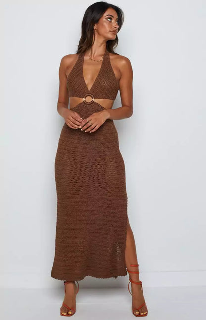 A woman wearing a brown knit dress