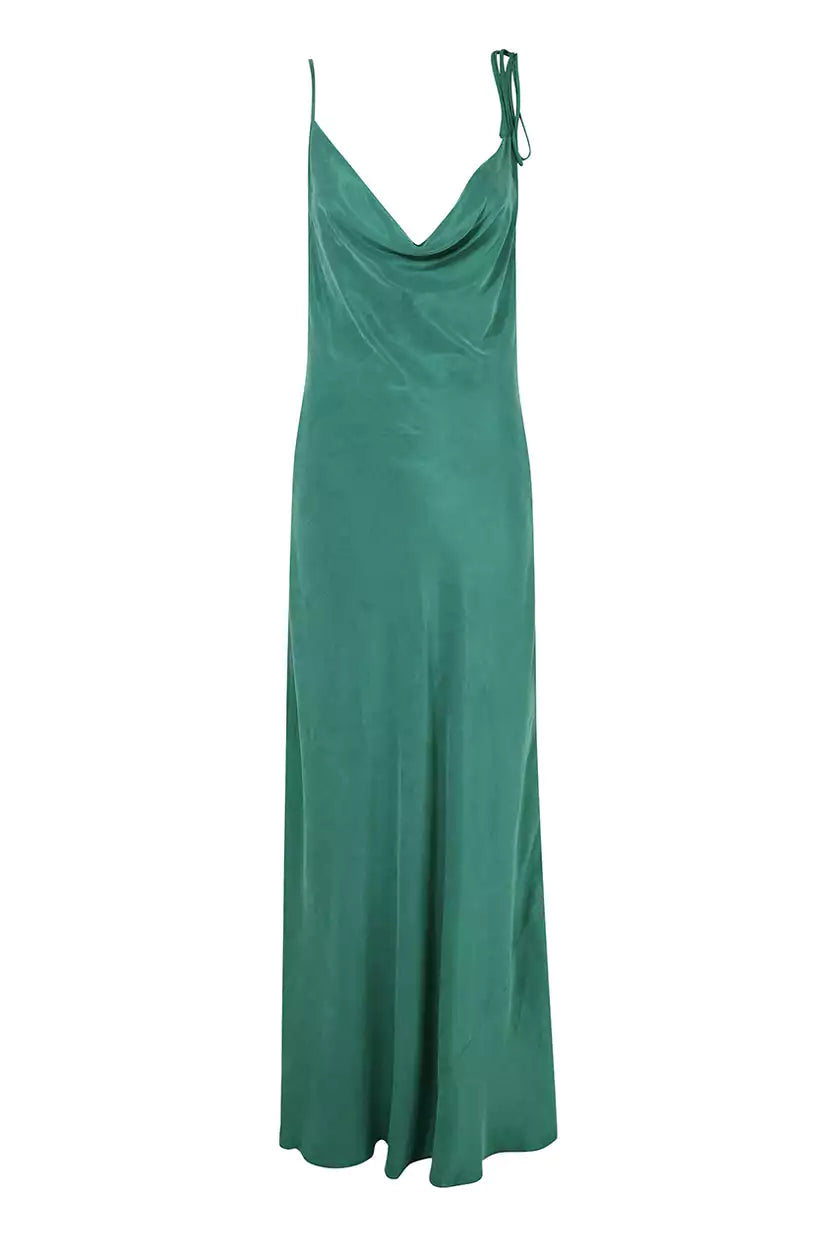 Emerald green silk slip dress.