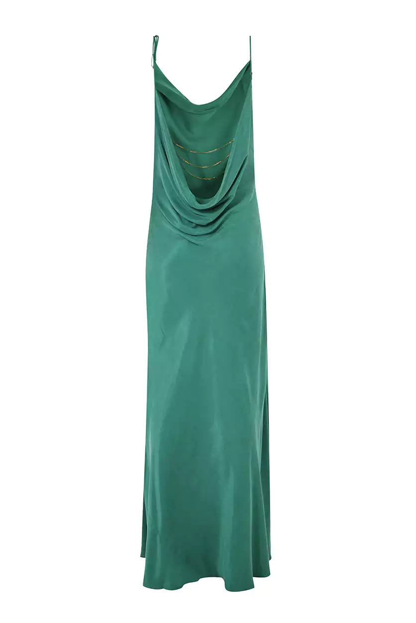 Emerald green silk slip dress.