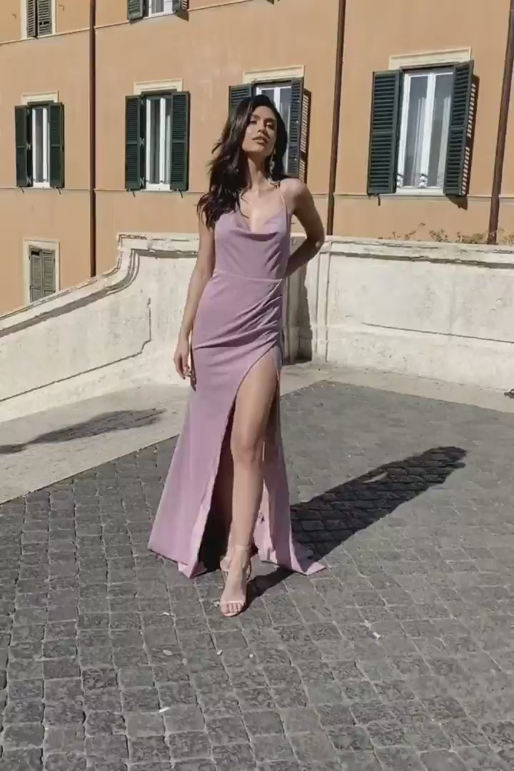 A Women in a Sena Lilac Gown - Made by Australian design house Alamour The Labelupdated#gid://shopify/Video/21309434757190#video_id