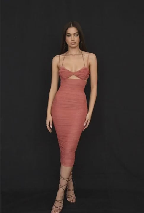 Zella Rose Cutout Ruched Midi Dress - Birthday Dresses for Rentupdated#gid://shopify/Video/21595309441094#video_id