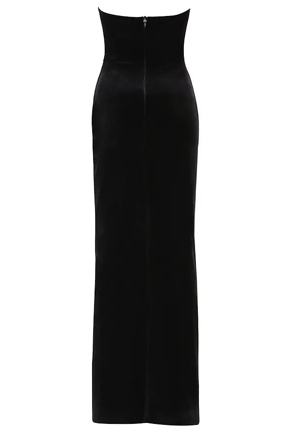 The front view of a black velvet dress.