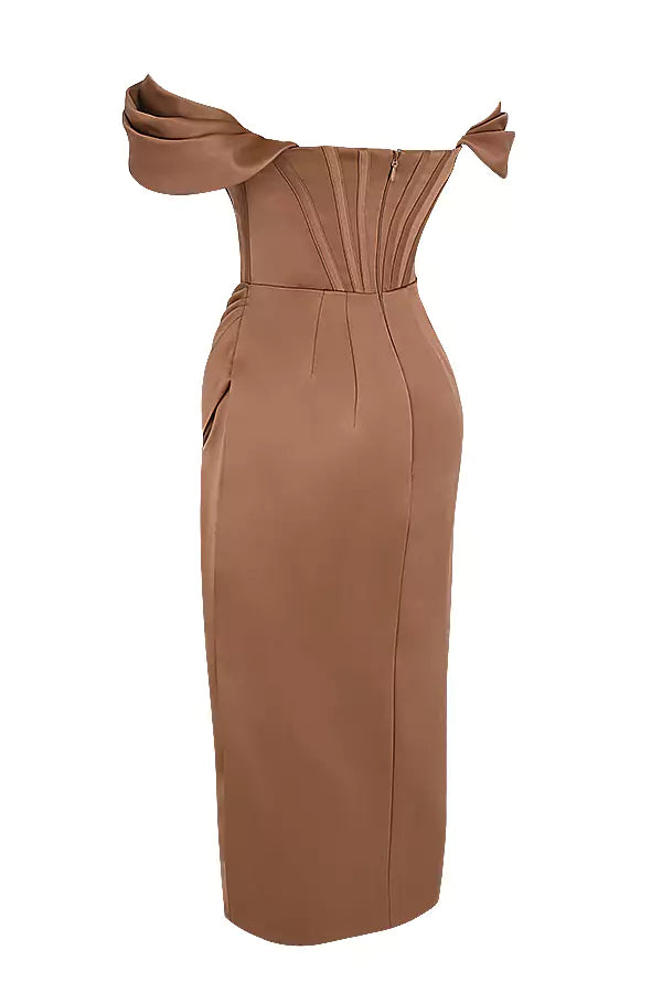 The back view of a brown off shoulder dress.