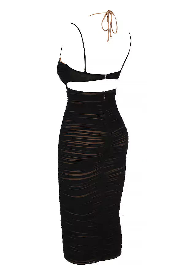 The back view of a black mesh midi dress.