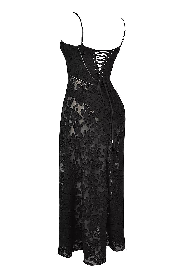 Sorrento Semi Sheer Black Floral Lace Maxi Dress
