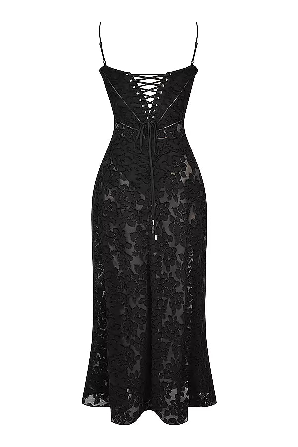 Sorrento Semi Sheer Black Floral Lace Maxi Dress