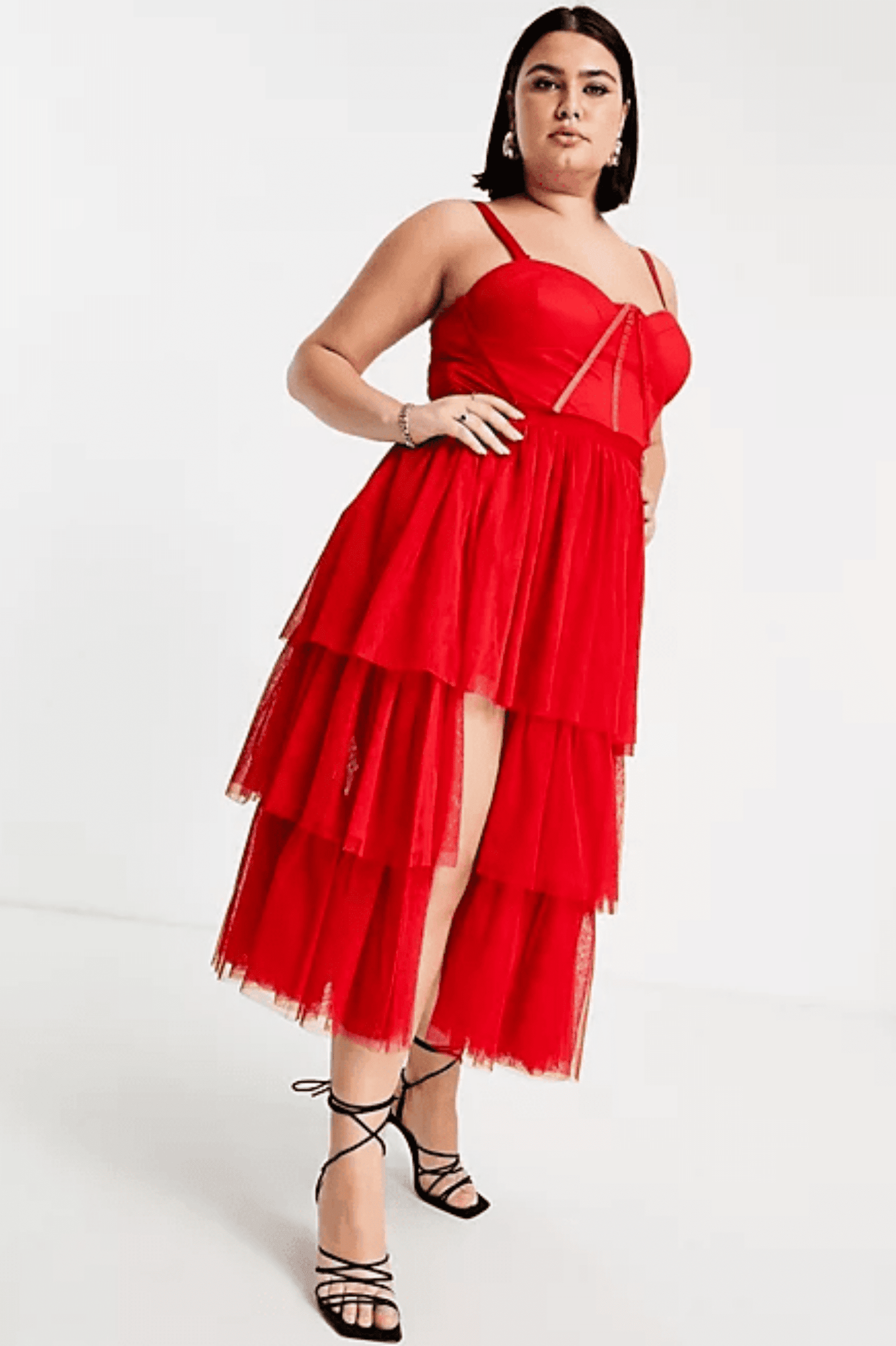 Aida Tiered Tulle Red Midi Dress