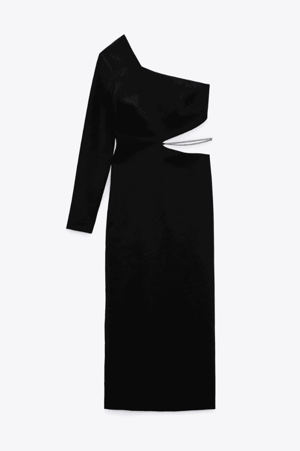 A black one shoulder dress on a white background.