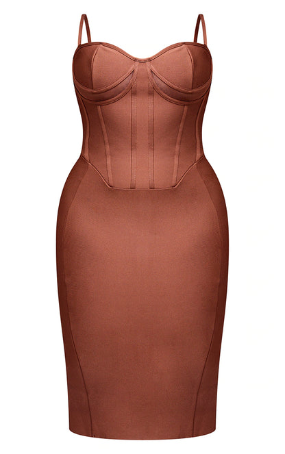 A brown bandage dress with straps.