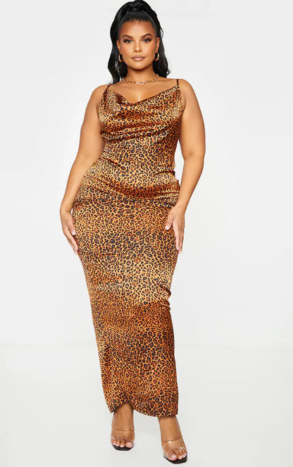 Plus size leopard print sleeveless maxi dress.