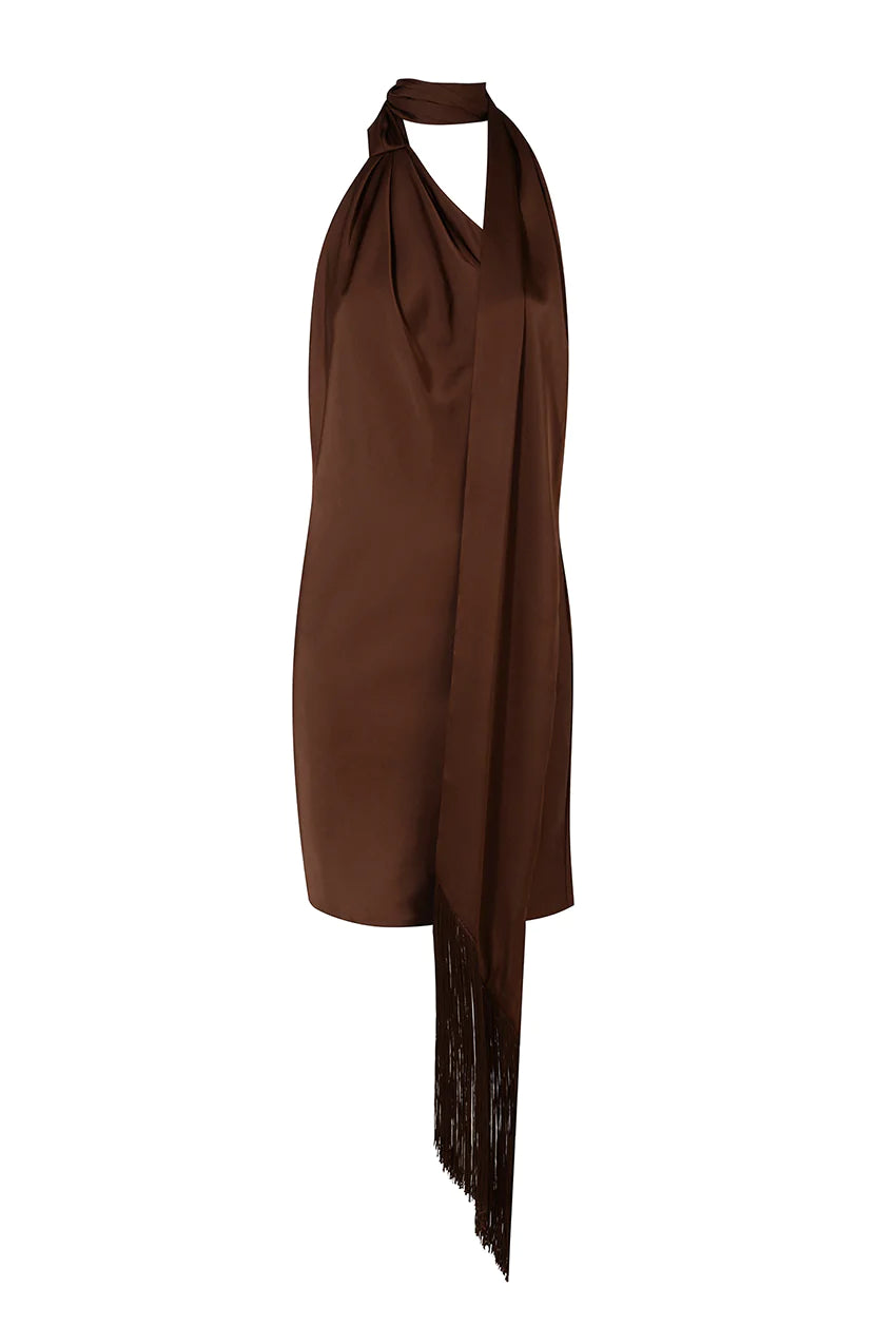 A brown dress with a scarf.