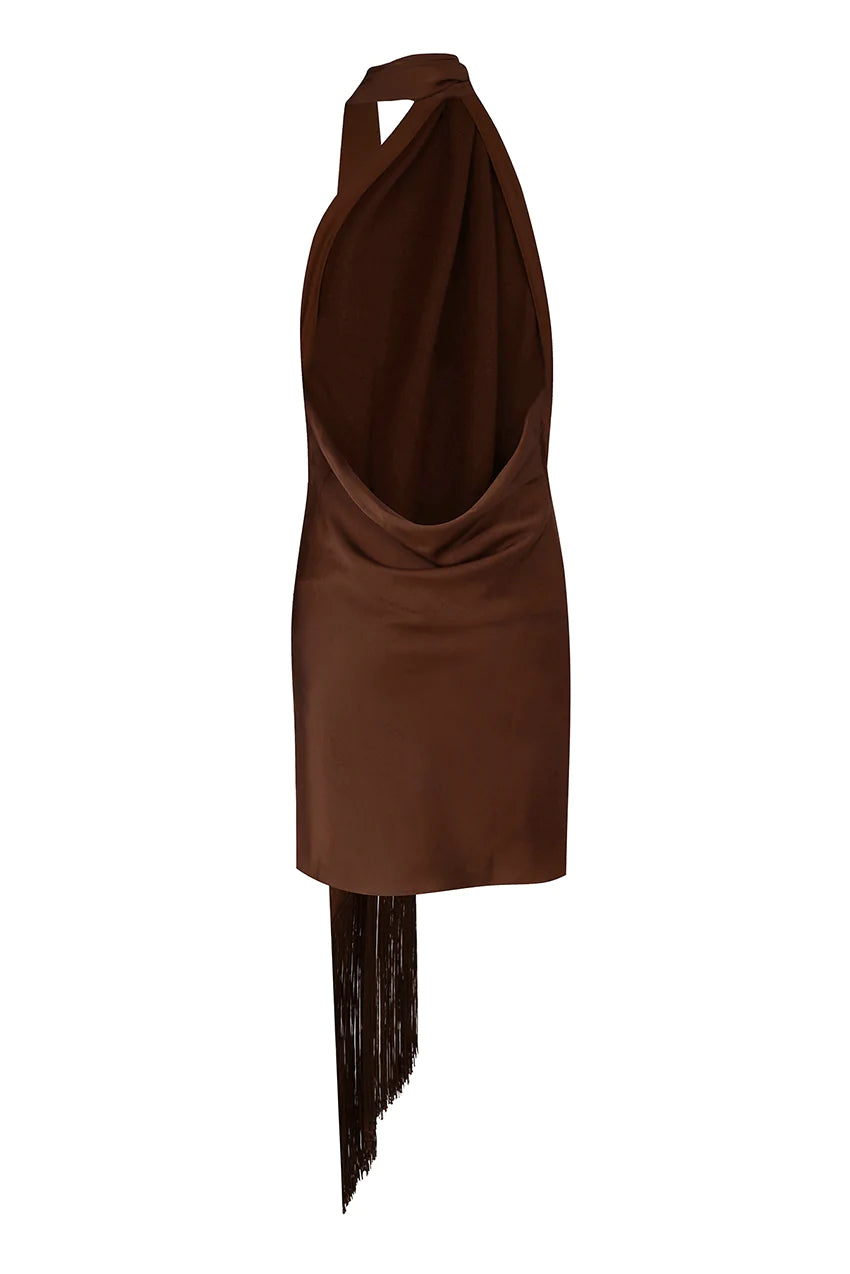 A brown halter dress with fringes.