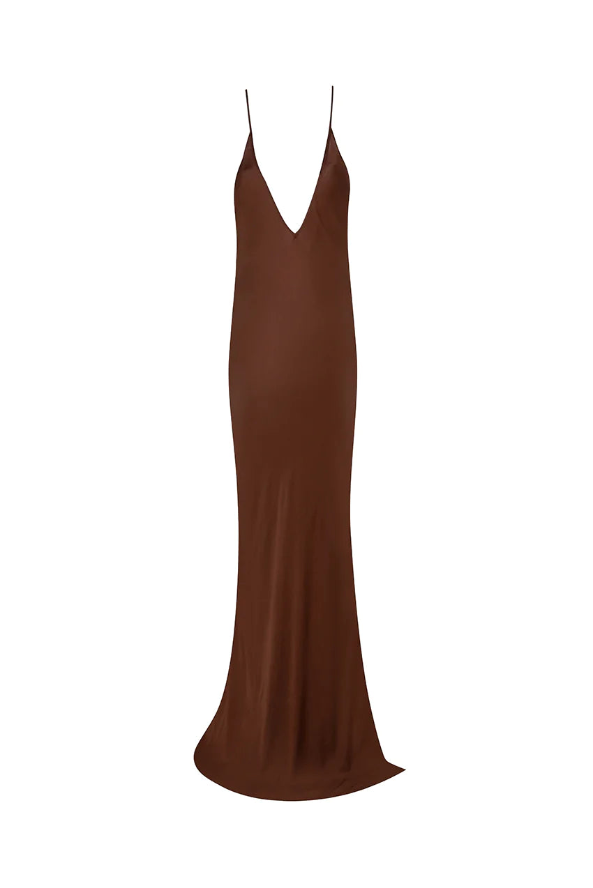 A brown slip dress on a mannequin.