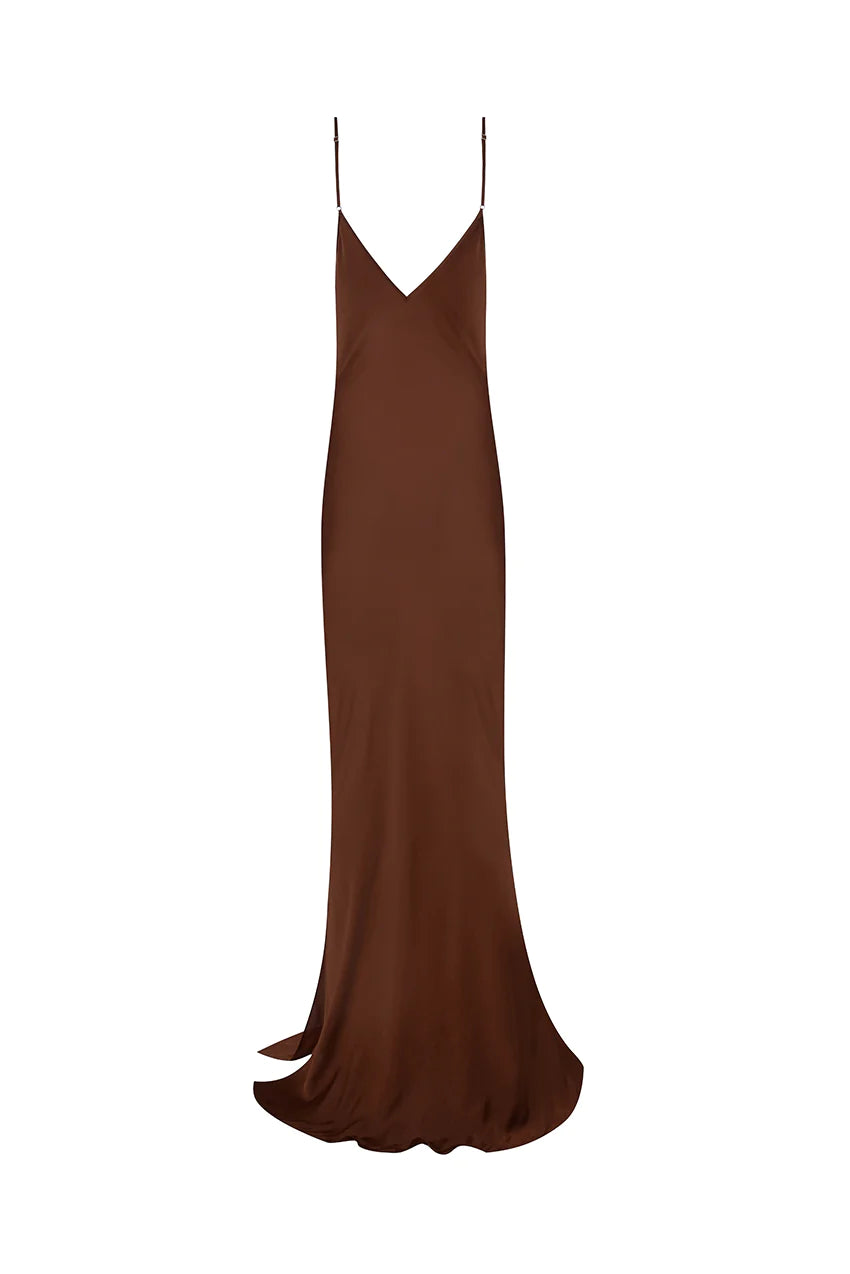 A brown silk slip dress on a mannequin.
