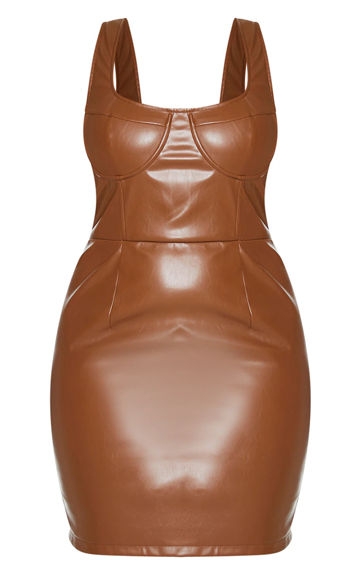 A brown leather mini dress on a white background.
