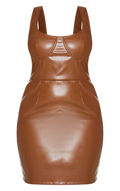 A brown leather mini dress on a white background.