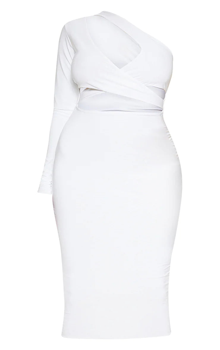 White one shoulder midi dress.
