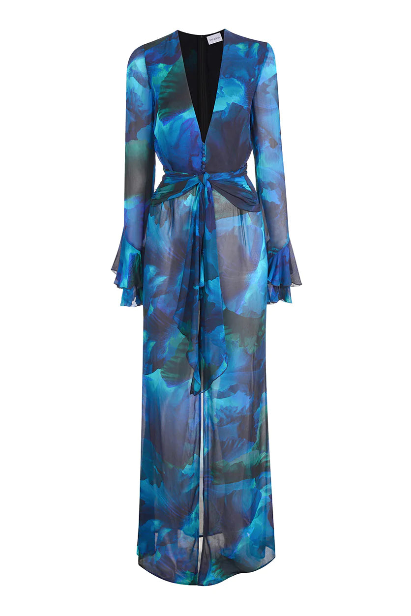 A blue floral print kimono dress with long sleeves.