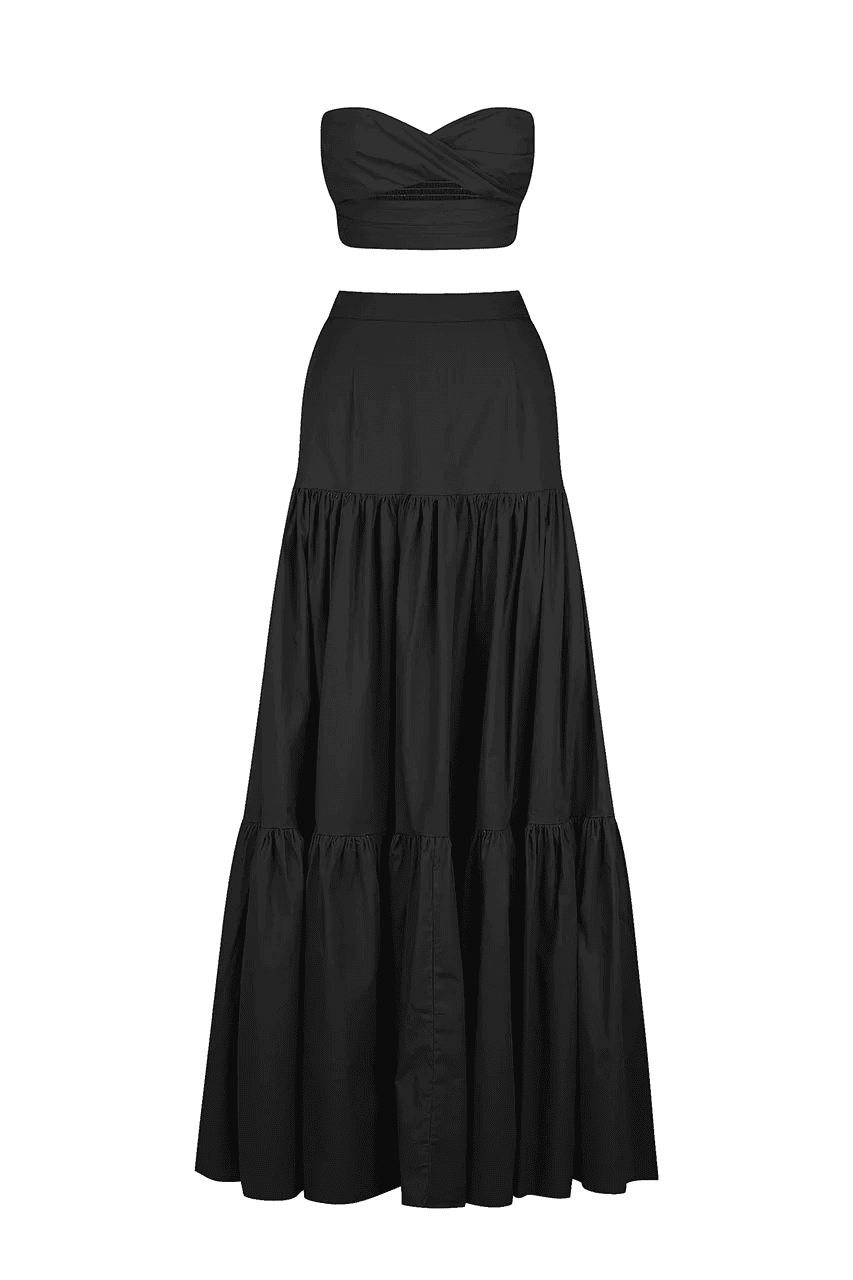 A black dress with a ruffled skirt.